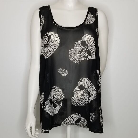 Live 4 Truth White Skull Print Black Sheer Sleeveless Back Bow Ruffle Top Size L - Picture 16 of 16